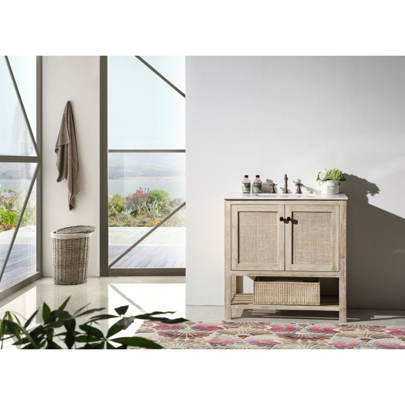 36" Rustic Rattan Single Sink Bathroom Vanity In White Wash Finish with Marble Top - I58423340477