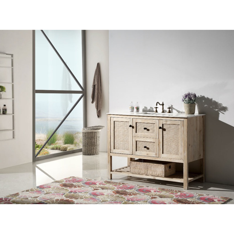 48" Rustic Rattan Single Sink Bathroom Vanity in White Wash Finish with Marble Top - I58423340476