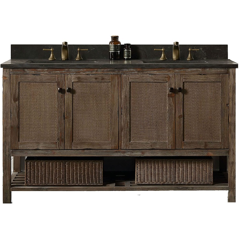 60" Rustic Rattan Dual Sink Bathroom Vanity in Brown Finish with Natural Moon Stone Top - I58423340218